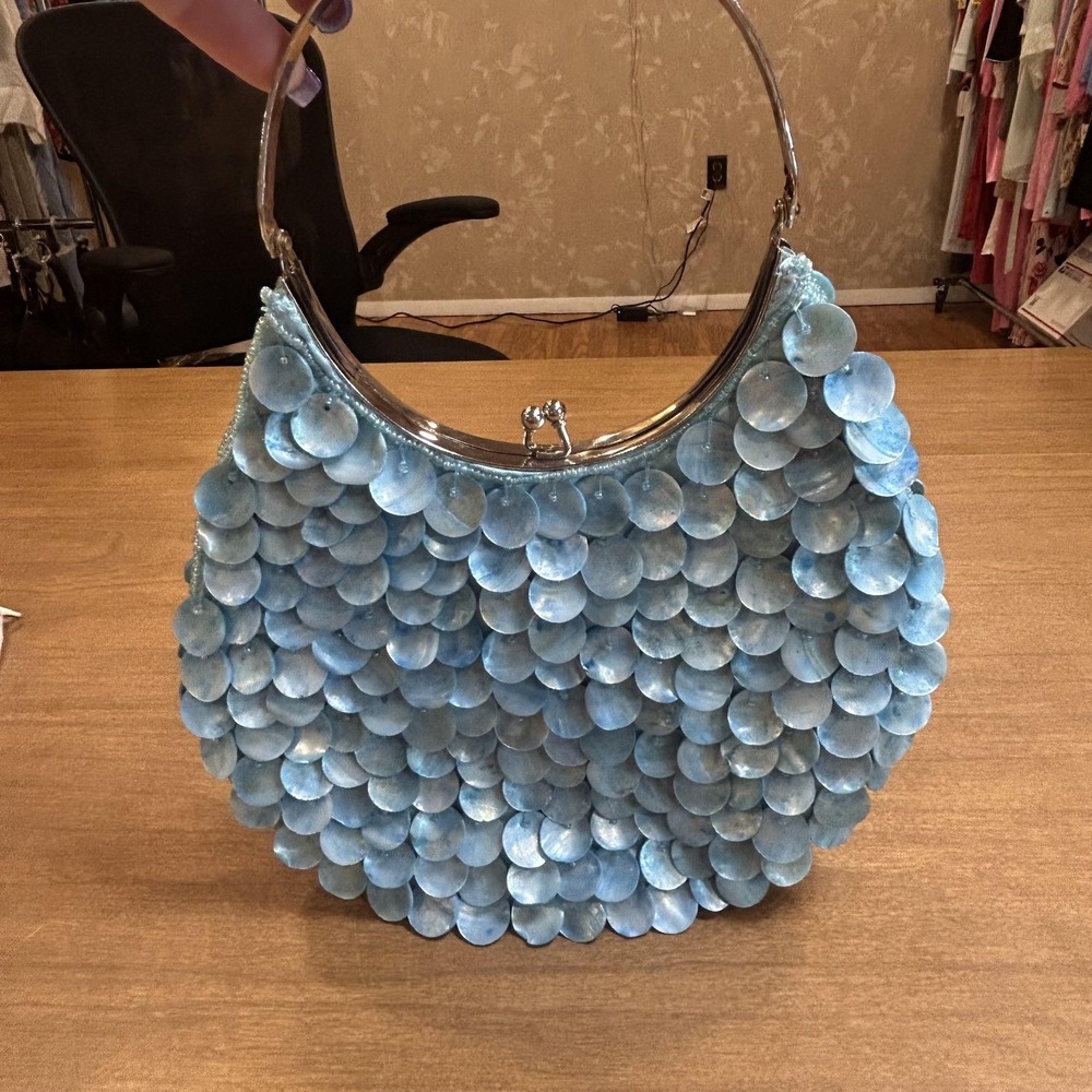 Expressions NYC Top Handle Bag Womens Small Blue Shell Sequin Evening Purse